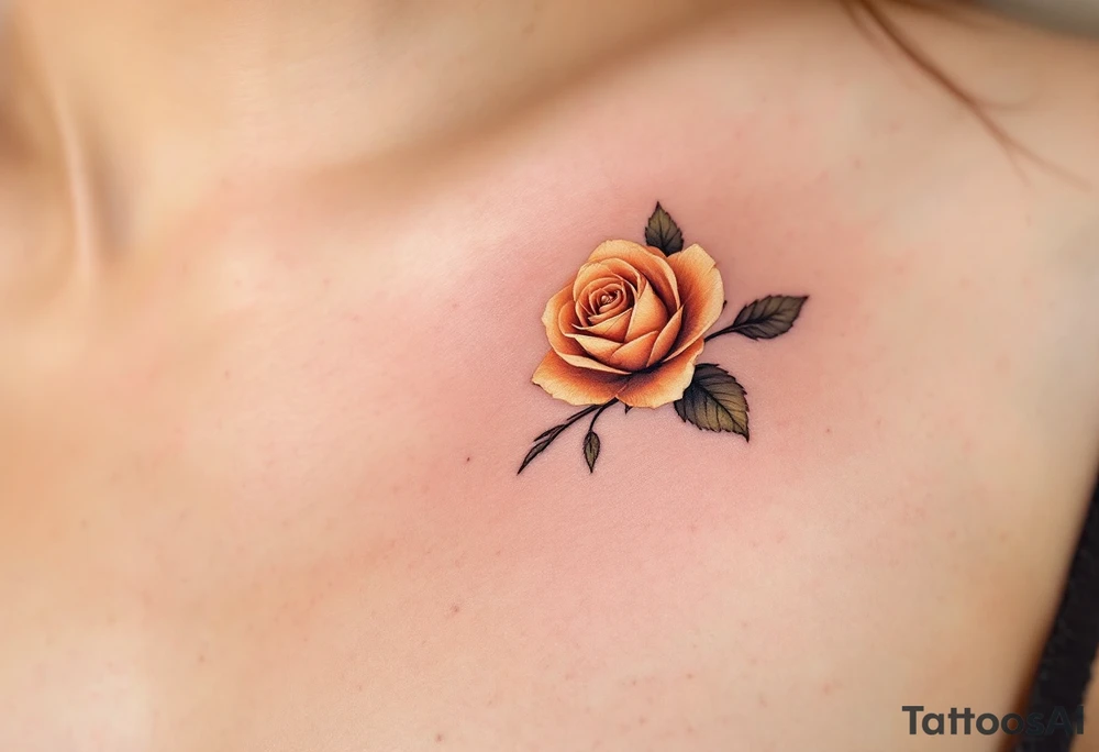 Realistic mini roses head in orange hues, showing delicate petal layers with no stem, ideal for clavicle or wrist. tattoo idea