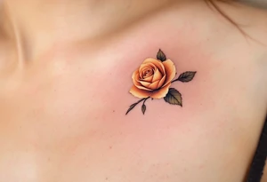 Realistic mini roses head in orange hues, showing delicate petal layers with no stem, ideal for clavicle or wrist. tattoo idea