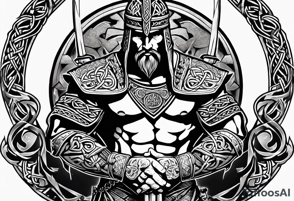 Side profile of Celtic warrior with weapons unsheathed tattoo idea