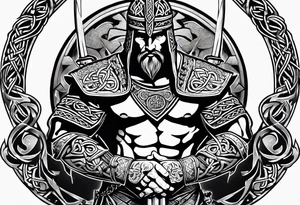 Side profile of Celtic warrior with weapons unsheathed tattoo idea