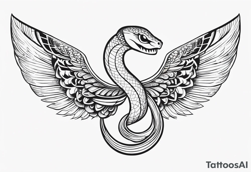 A detailed depiction of a snake with a radiant halo above its head and elegant wings extending from its sides. tattoo idea