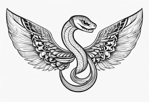 A detailed depiction of a snake with a radiant halo above its head and elegant wings extending from its sides. tattoo idea