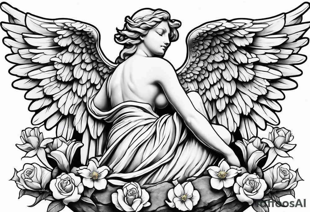 Simple Angel statue stood on a rock with daffodils and roses wrapped around its legs tattoo idea