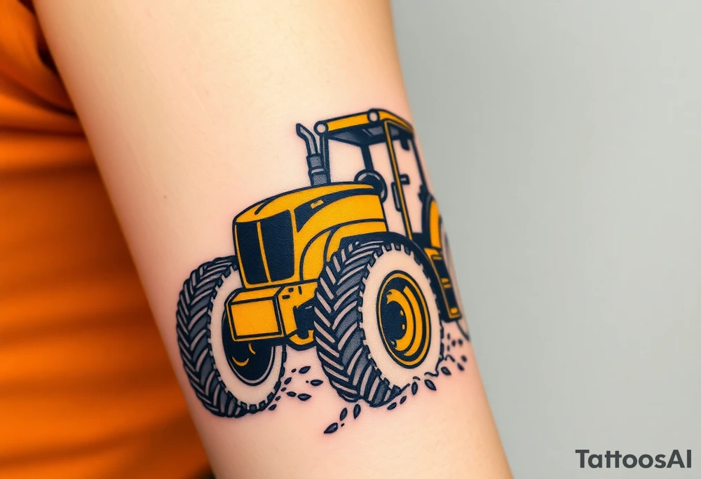 A hyper-realistic yellow tractor in motion, dust swirling around its massive tires. tattoo idea