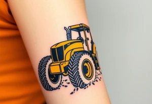 A hyper-realistic yellow tractor in motion, dust swirling around its massive tires. tattoo idea