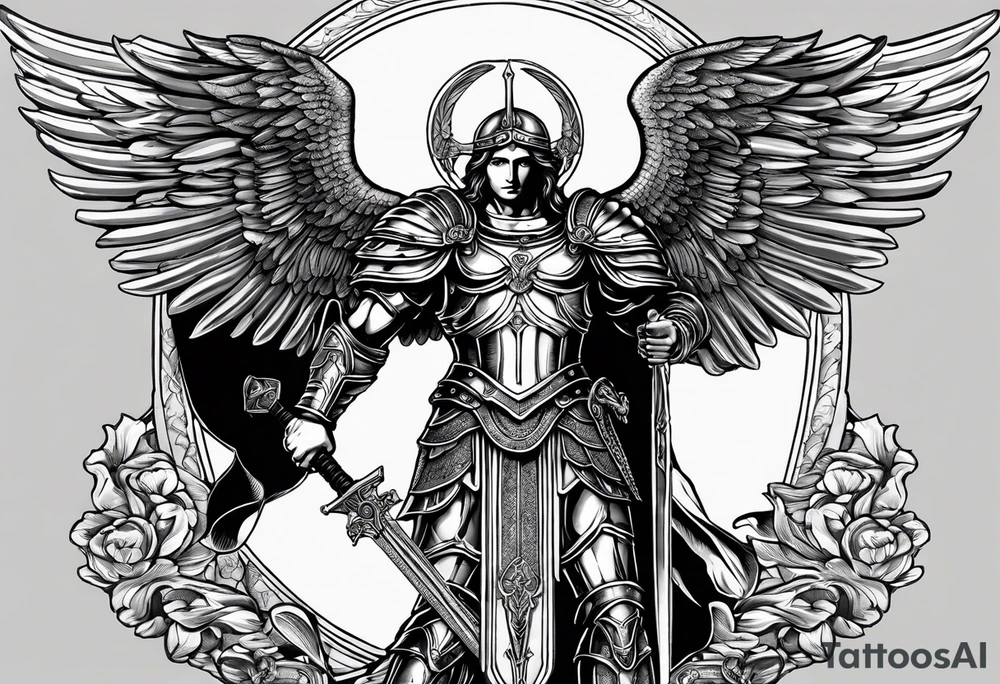 **Tattoo Design: Archangel Michael**

- **Central Theme**: Archangel Michael, majestic and powerful, stands ready with a raised sword, prepared to battle evil.
- **Appearance**: The figure of Archangel Michael depicted in full angelic armor, with majestic wings spread wide.
- **Expression**: His stance conveys strength, courage, and determination in defense of good.
- **Details**: Focus on intricate details such as facial features, armor embellishments, and the raised sword.
- **Background**: May be stylized as celestial, with rays of light or clouds, accentuating the divine presence of Archangel Michael.
- **Placement**: Intended for placement on the chosen body area, with the option to adjust the size according to personal preferences. tattoo idea