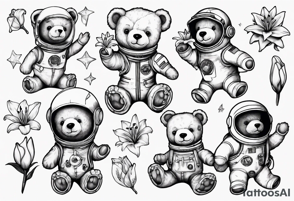 Teddy bear astronaut holding Lily tattoo idea