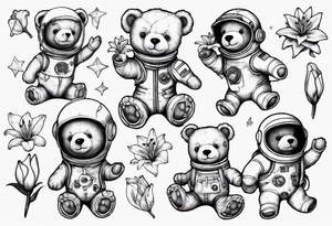 Teddy bear astronaut holding Lily tattoo idea