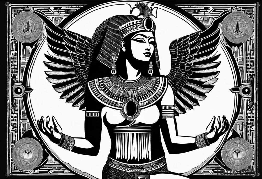black and white Egyptian goddess Isis, who is often depicted as a woman with outstretched wings, holding an ankh (a symbol of life) in one hand and a lotus flower in the other. Her headdress often includes a throne or a solar disk. The tattoo design can vary in style and size, but it typically aims to capture the essence of this revered Egyptian deity, emphasizing her beauty, power, and maternal qualities. The choice of colors and additional elements can also be customized to create a unique and visually striking representation of the goddess Isis tattoo idea