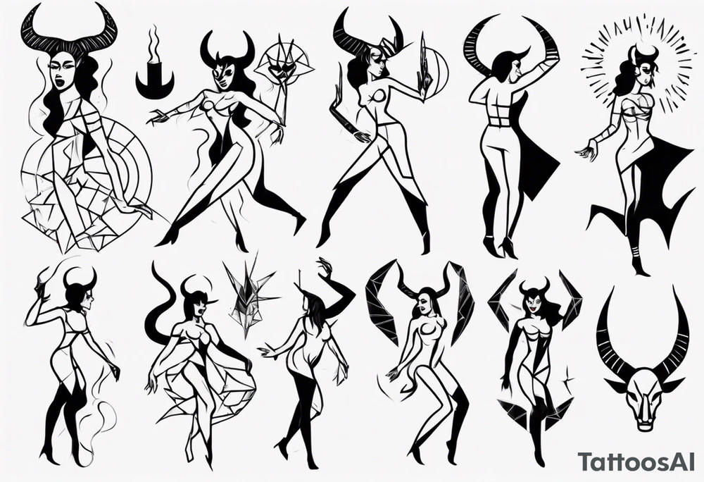 female dancing with devil horns tattoo idea