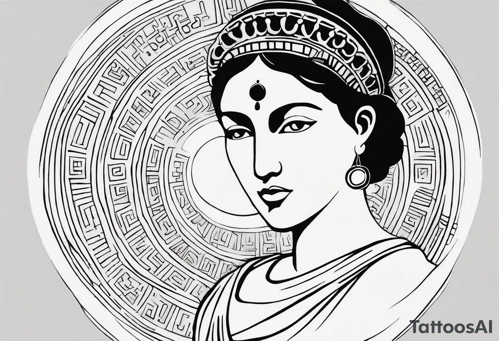 "Craft a minimalist round tattoo inspired by ancient Greek art, centered around Clio, the muse of history. Design a circular composition featuring Clio depicted in the center, holding a scroll adorned with historical symbols or inscriptions. Surround her with subtle yet meaningful elements such as ancient architectural motifs, symbolic representations of ancient civilizations, or fragments of historical texts. Ensure the design maintains a minimalist aesthetic with clean lines and limited detail, while capturing the essence of Clio's dedication to preserving and inspiring the study of history within the circular frame." tattoo idea