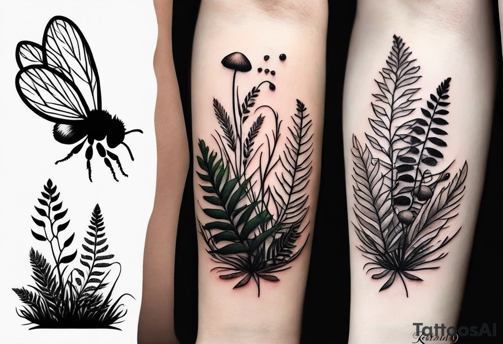 forest floor inspired minimalist tattoo, which includes grass, curly ferns, moss and dead leaves as the bulk of the tattoo. details to include: forest berries, a tiny bumblebee flying nearby, three small brown mushrooms
Generate a vertically long one tattoo idea