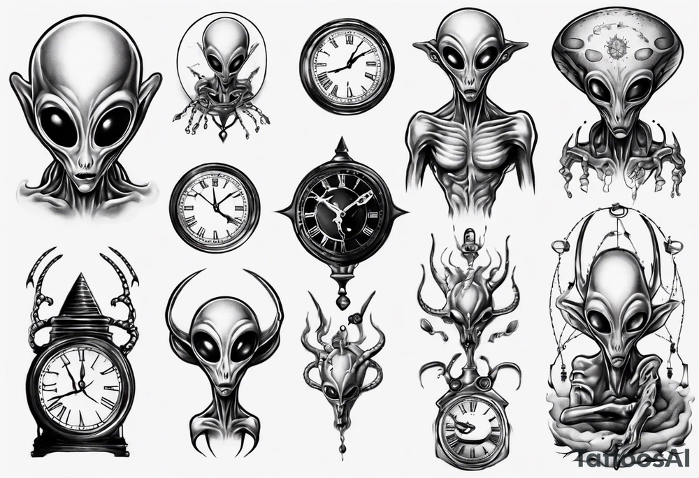 Alien holding a clock tattoo idea
