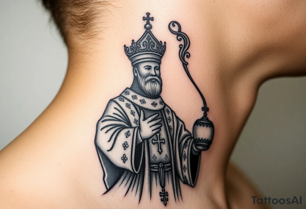 Russian Orthodox Priest in fully detailed vestment swinging a censer with smoke curling upward tattoo idea