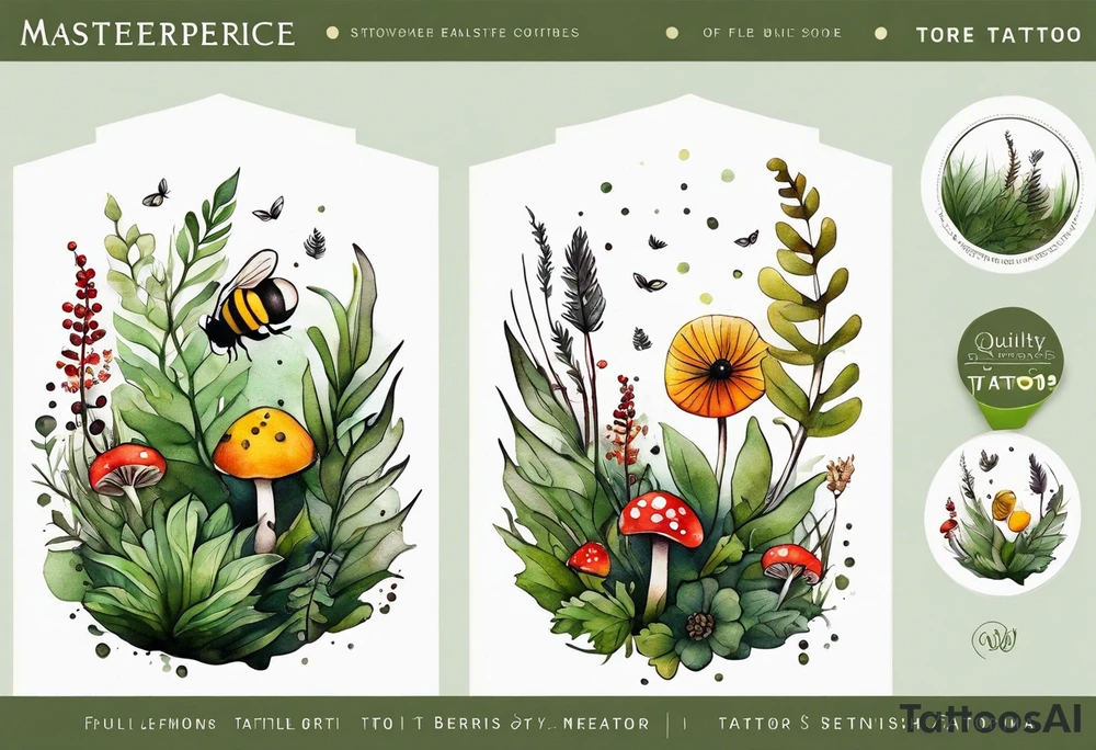 forest floor inspired minimalist tattoo, which includes grass, curly ferns, moss and dead leaves as the bulk of the tattoo. details to include: forest berries, a tiny bumblebee flying nearby, three small brown mushrooms
Generate a vertically long one tattoo idea
