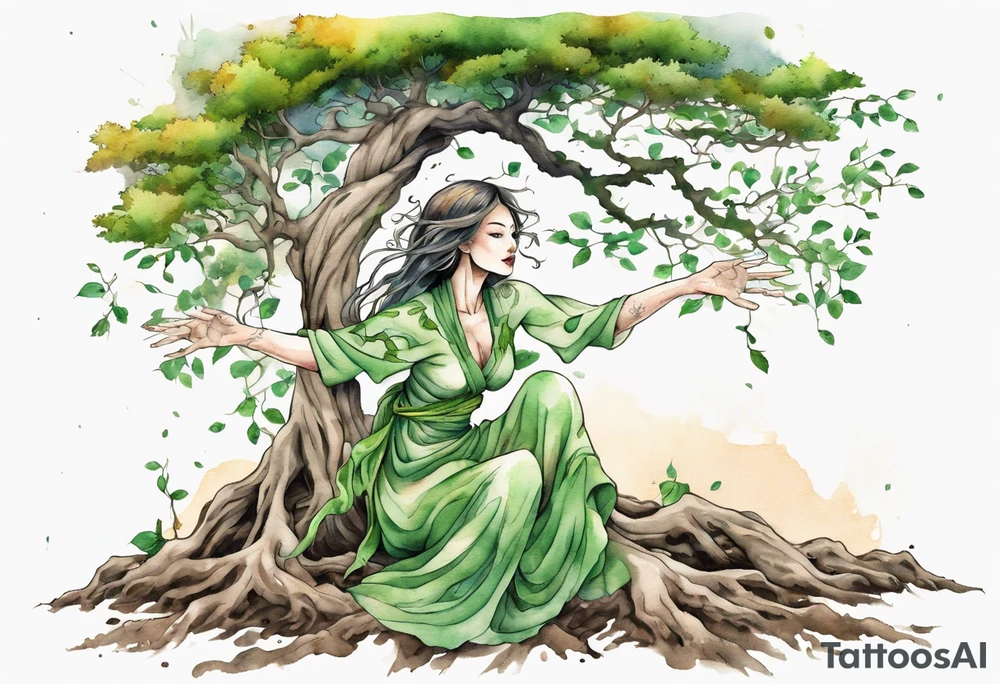 A tree woman with green eyes with branch arms reaching up towards the sun and feet planted in the soil tattoo idea
