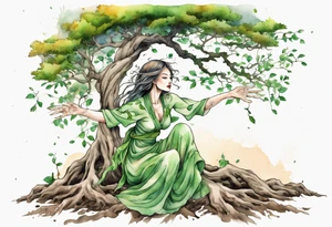 A tree woman with green eyes with branch arms reaching up towards the sun and feet planted in the soil tattoo idea