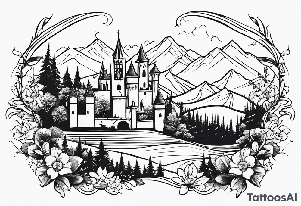 medieval tribal city 
floral  land  vignette tattoo idea