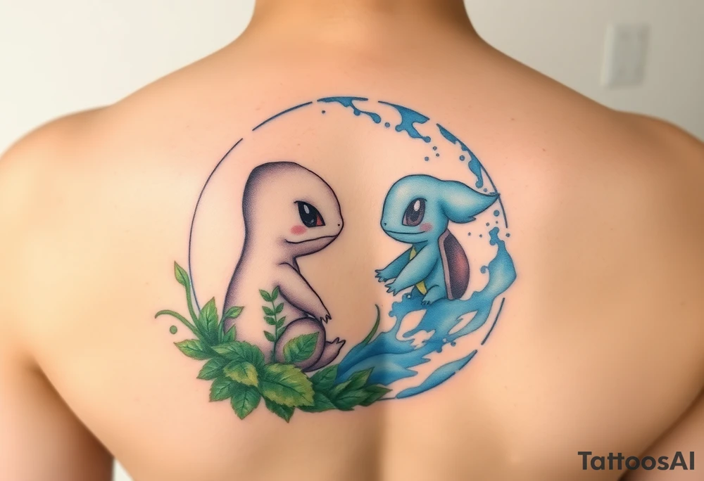 A yin-and-yang watercolor tattoo featuring Bulbasaur and Squirtle in their natural habitats. Bulbasaur forms the yin side, nestled in a lush forest environment with soft green watercolor washes, leaves, vines, moss, and gentle earthy textures. Squirtle forms the yang side, flowing through water with dynamic blue watercolor splashes, waves, bubbles, and light reflections. Their bodies curve together to complete the circular yin-yang symbol. The style is soft watercolor with subtle ink outlines, fluid motion, balanced contrast between earth and water, minimal background, and a harmonious, serene energy. tattoo idea
