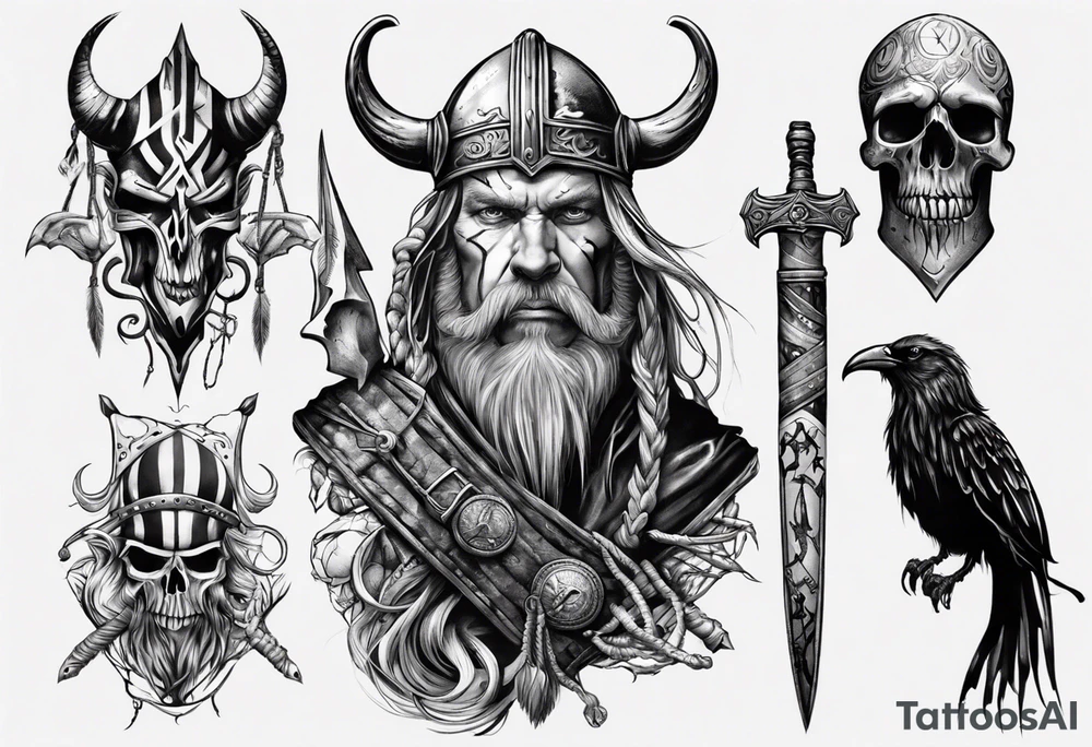 uma bruxa viking com corvos em preto e branco tattoo idea