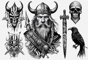 uma bruxa viking com corvos em preto e branco tattoo idea