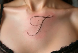 A delicate cursive "T" in rose gold ink with fine ornamental swirls. tattoo idea