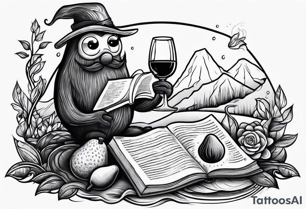 An avocado stickman drinking wine and reading a book tattoo idea