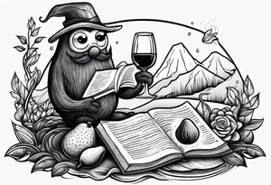 An avocado stickman drinking wine and reading a book tattoo idea