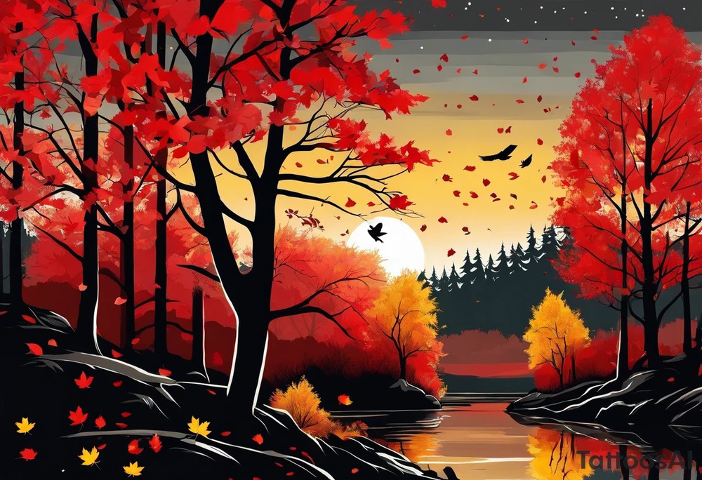 trash polka style. Arm tattoo. Long tattoo. Full sleeve. Shoulder. A single large maple tree with red autumn leaves that branches upwards from wrist to shoulder. White-throated dipper bird on the trees branches. Calluna flowers at the base of the trees stem. Tree stem has dark colors. Red/yellow sunset behind the trees stem. Leaves falling. tattoo idea