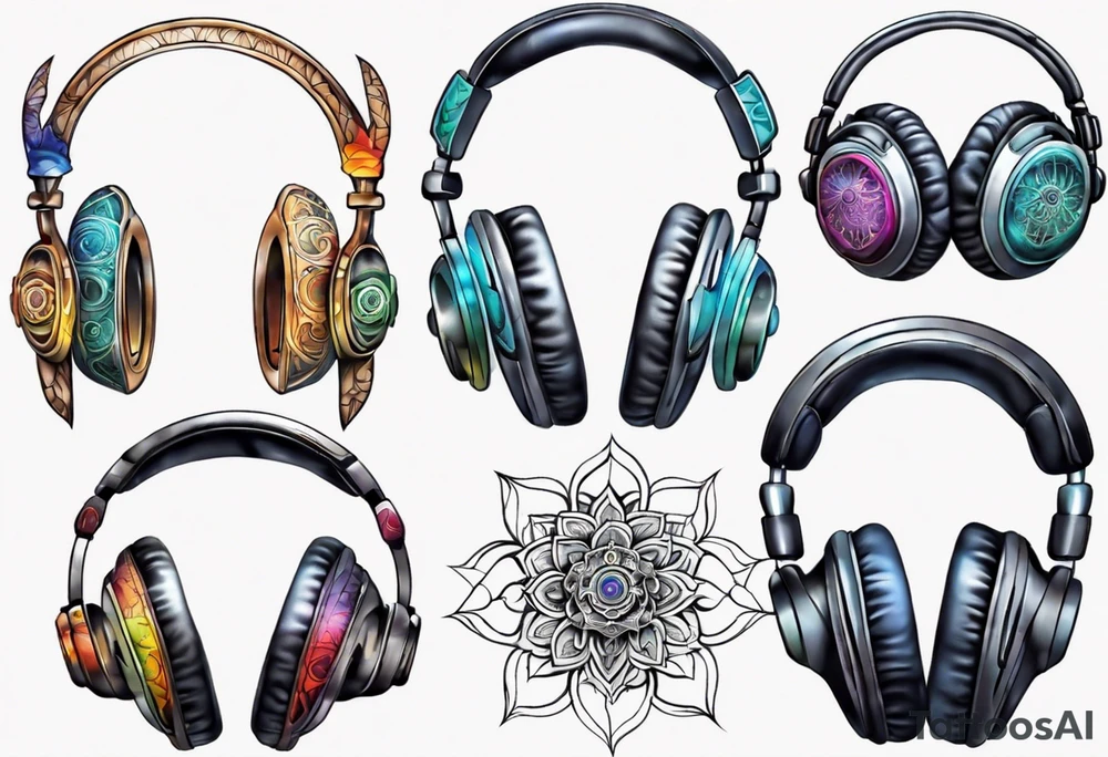 Headphones in the style of energy chakra tattoo idea