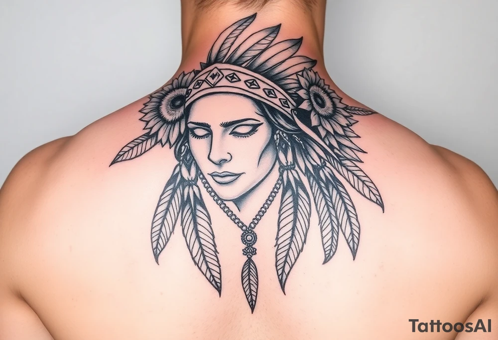 Native american medusa with blank eyes as well as feathers and sunflowers in her hair tattoo idea