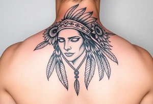Native american medusa with blank eyes as well as feathers and sunflowers in her hair tattoo idea
