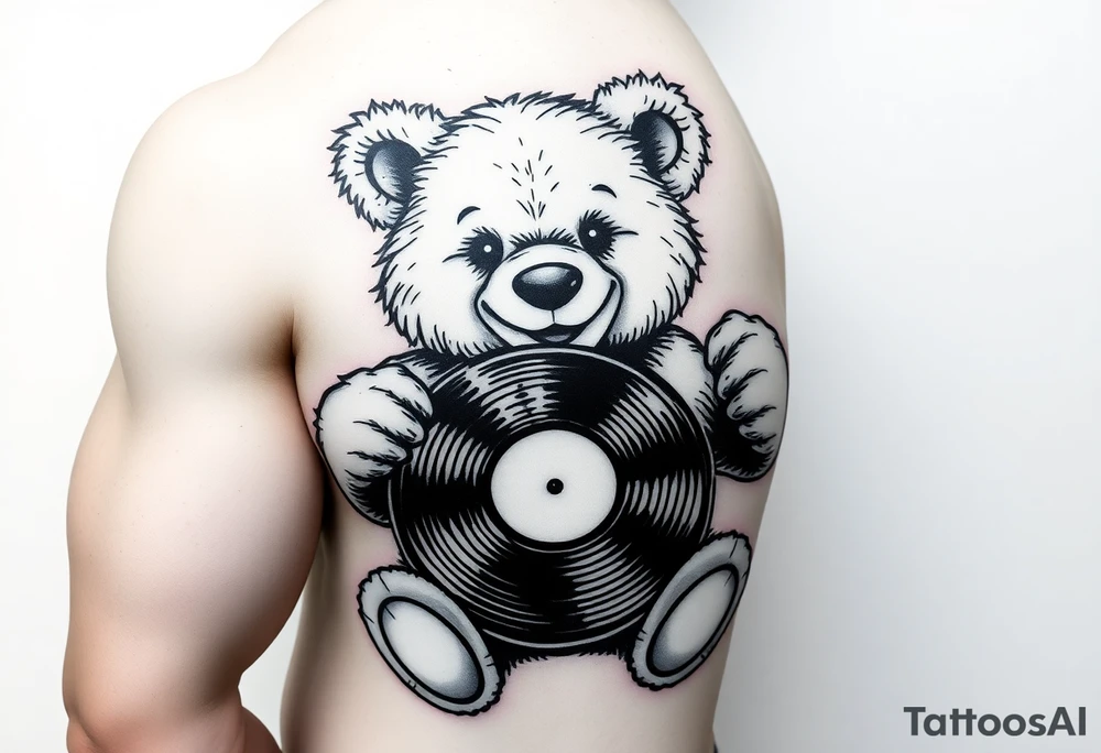 minimalist teddy bear smiling and holding a vinyl record tattoo idea minimalist teddy bear smiling and holding a vinyl record tattoo idea