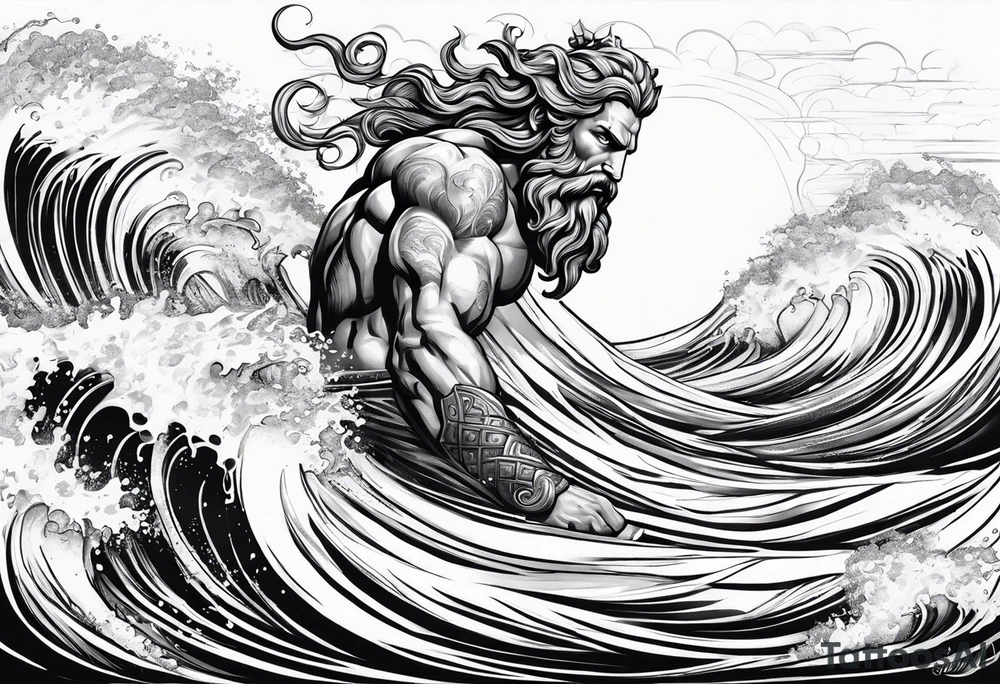 Poseidon steht in einer Welle im Meer tattoo idea