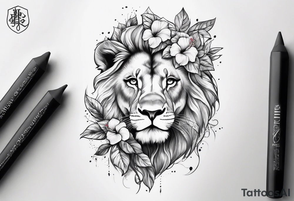 Women lion with hibiscus flowers something inspirational and meaning for the forearm tattoo idea