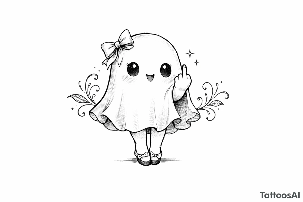 Cute ghost with legs in a bow giving the bird, anime style, soft shading, small. tattoo idea
