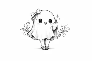 Cute ghost with legs in a bow giving the bird, anime style, soft shading, small. tattoo idea