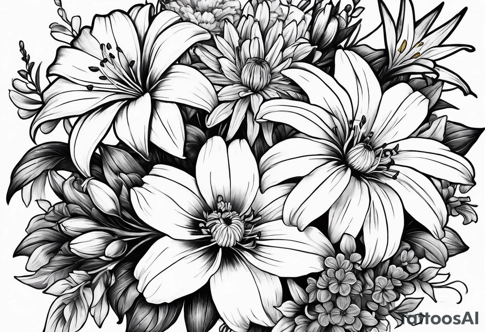 Bouquet of lilies, marigolds, cosmos, and asters tattoo idea