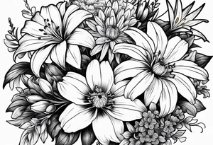 Bouquet of lilies, marigolds, cosmos, and asters tattoo idea