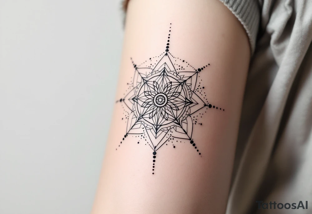 simple, minimalist tattoo, sacred geometry mandala, centerpiece design, dotwork patterns, radiating geometry, symmetrical mandala, geometric shapes, intricate dotwork, sacred patterns, mandala center, geometric radiating, fine line work, black grey shading, minimalist design, no outlines, arm placement, delicate linework, precise geometry, clean symmetry, sacred symbols, geometric precision, dotwork details, mandala focal point, refined patterns, understated complexity, geometric harmony, minimalist tattoo idea