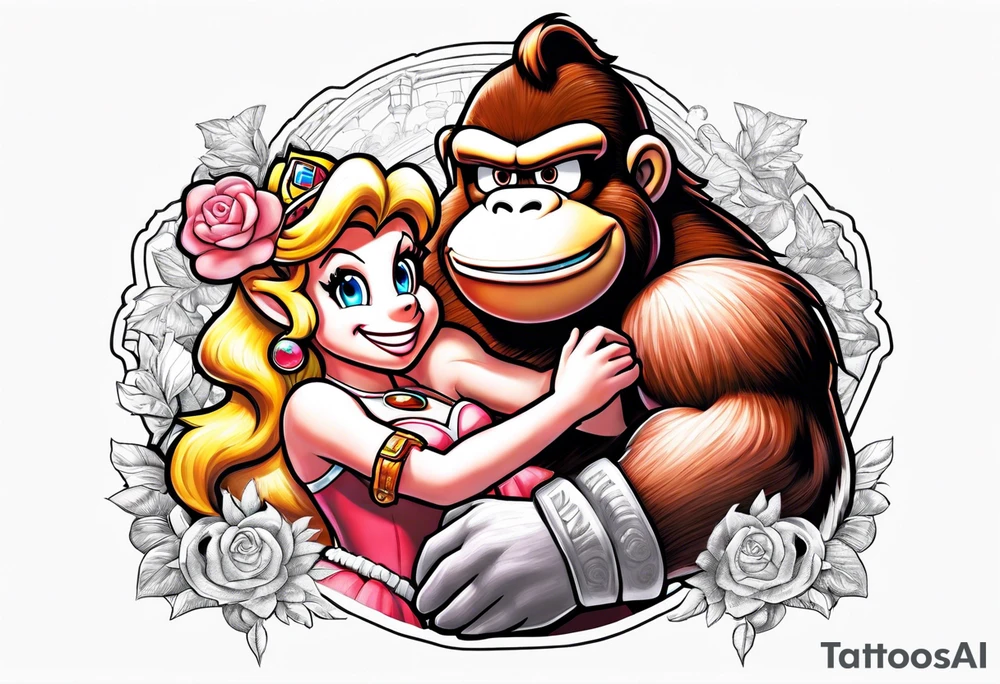 Donkey Kong holding sexy Princess Peach tattoo idea