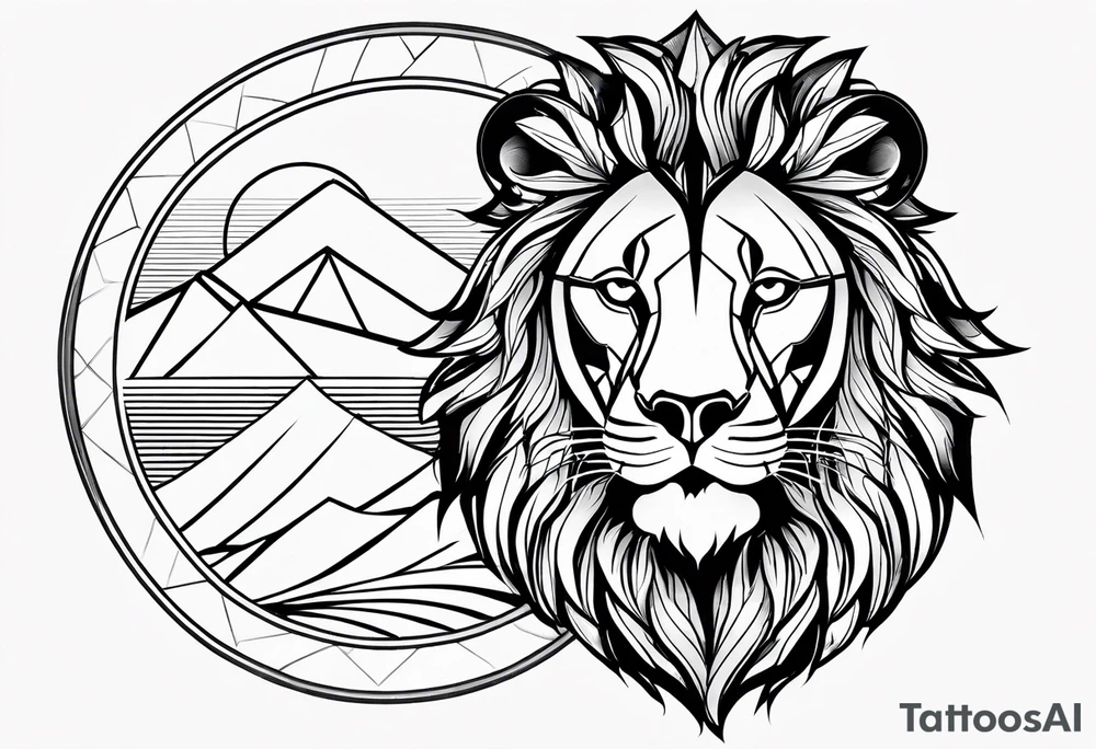 A geometric design with a lion head and a mountain. The tattoo is a full sleeve tattoo idea