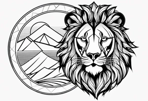 A geometric design with a lion head and a mountain. The tattoo is a full sleeve tattoo idea