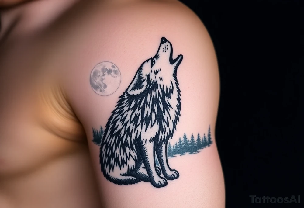 lone wolf howling at full moon with northern lights backdrop tattoo idea