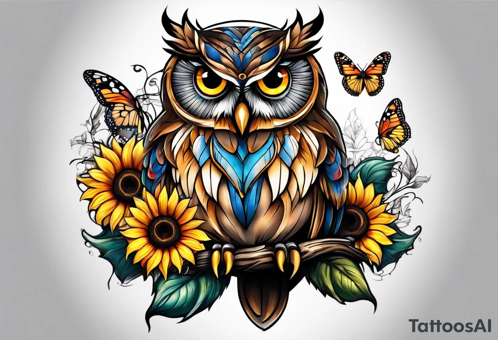 Owl with butterfly and sunflower tattoo idea