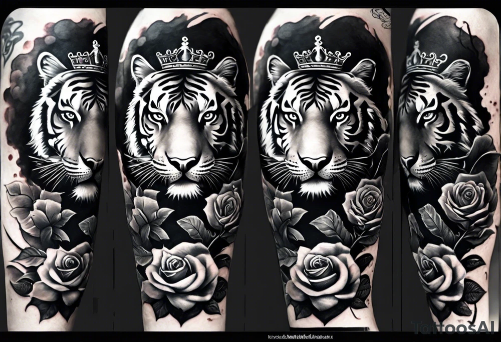 Full right arm sleeve  tiger with a crown and third eye with a hour glass instead the hourglass brain cover in in clouds and a heart cover in grass and roots with roses and smoke all over the arm tattoo idea