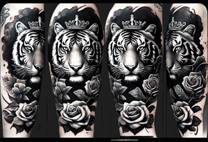 Full right arm sleeve  tiger with a crown and third eye with a hour glass instead the hourglass brain cover in in clouds and a heart cover in grass and roots with roses and smoke all over the arm tattoo idea
