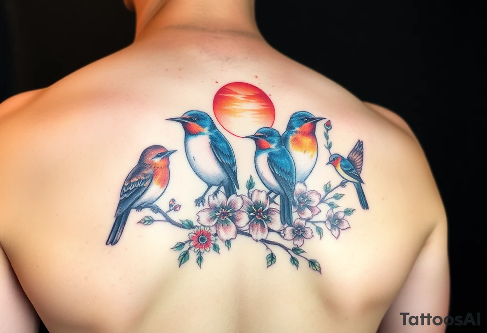Four birds, flowers, branch, sun tattoo idea