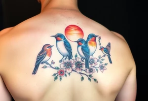 Four birds, flowers, branch, sun tattoo idea