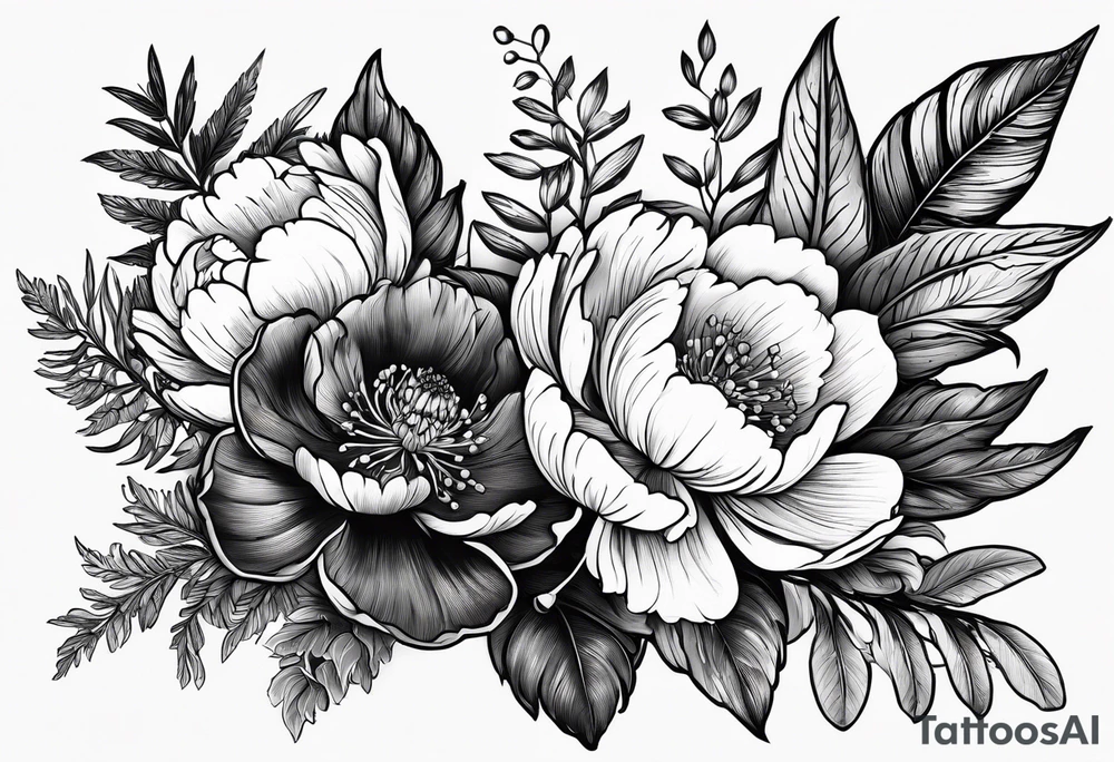 Peony flowers, fern fronds, Cherokee rose, and hellebores tattoo idea